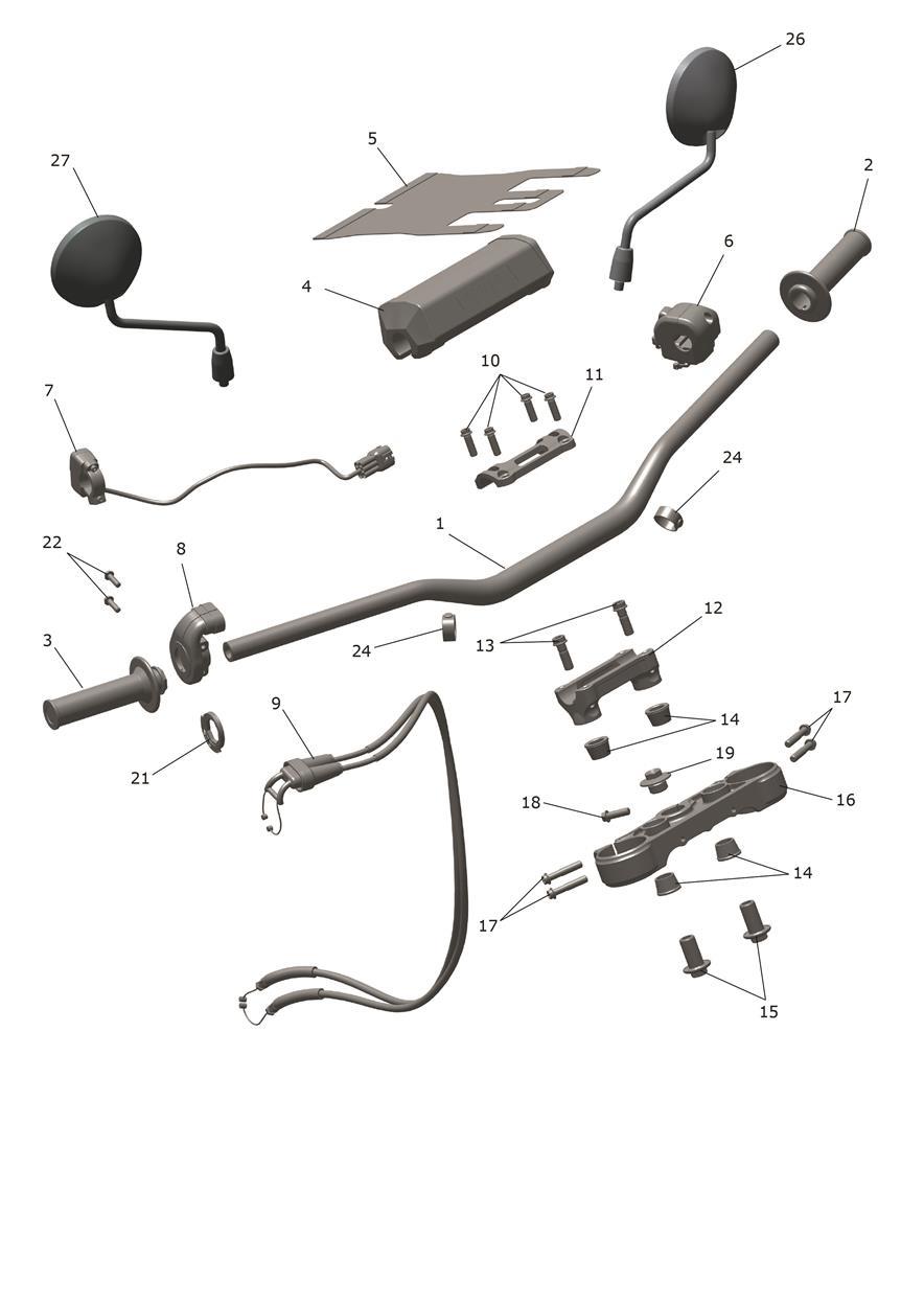 Exploded parts diagram — Handlebars, Upper Yoke & Mirrors, Triumph TF 250-E