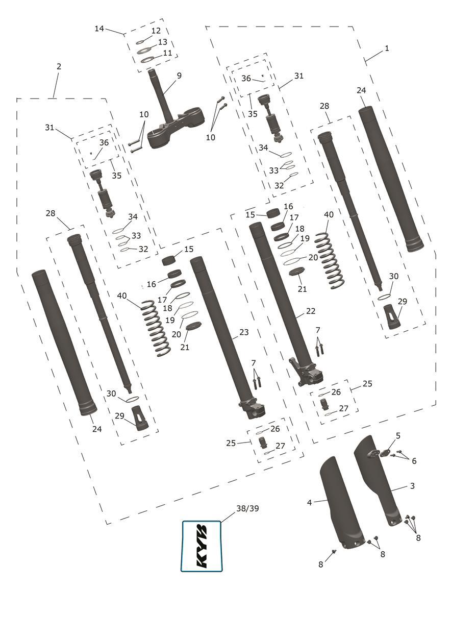 Exploded parts diagram — Front Forks & Lower Yoke, Triumph TF 250-X