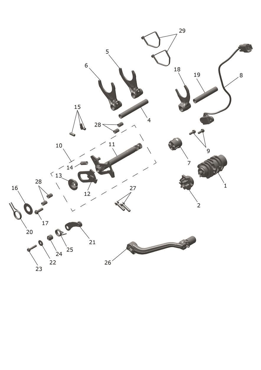 Exploded parts diagram — Gear Selectors & Pedal, Triumph TF 450-E