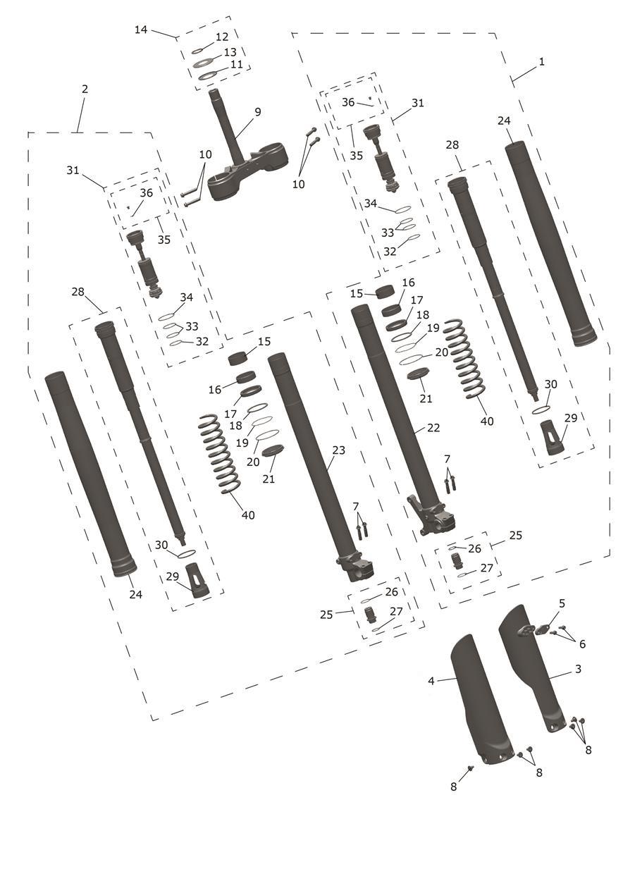 Exploded parts diagram — Front Forks & Lower Yoke, Triumph TF 450-X
