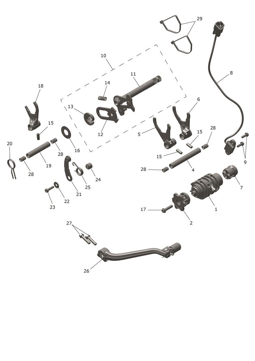 Exploded parts diagram — Gear Selectors & Pedal, Triumph TF 250-E