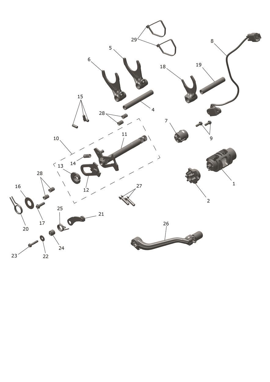 Exploded parts diagram — Gear Selectors & Pedal, Triumph TF 450-RC Edition